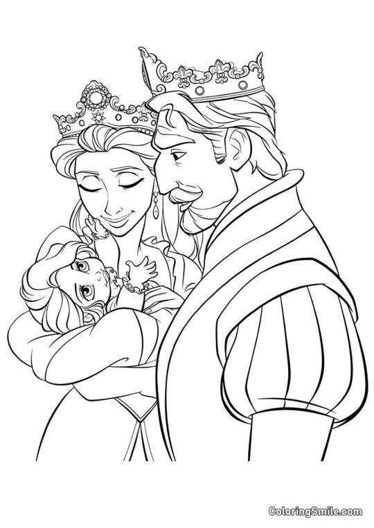 Petite Raiponce dans les bras de ses parents - Page de Coloriage