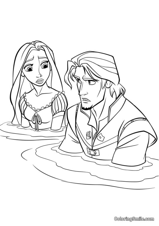 Raiponce et Flynn dans l&rsquo;eau - Page de Coloriage