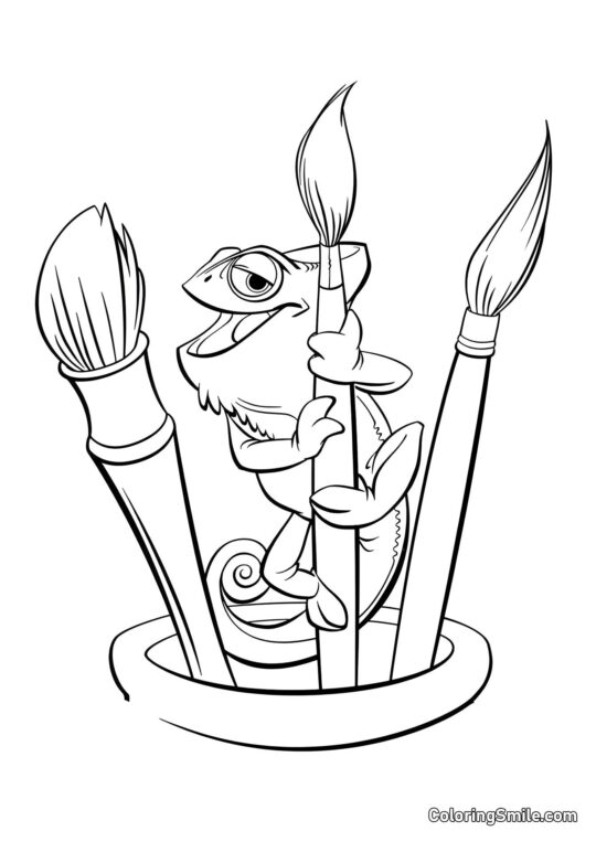 Caméléon Pascal et pinceaux aquarelle - Page de Coloriage