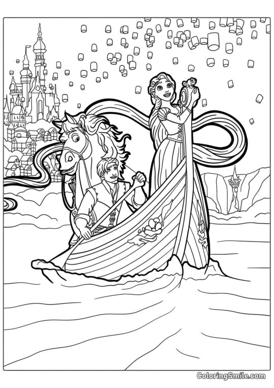 Raiponce et Eugène dans le bateau - Page de Coloriage