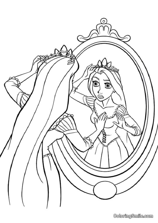Raiponce essayant une couronne - Page de Coloriage
