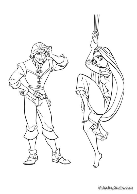 Raiponce descendant sur ses cheveux avec Flynn - Page de Coloriage