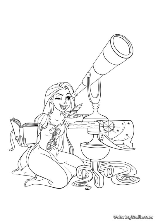 Raiponce regardant à travers un télescope - Page de Coloriage