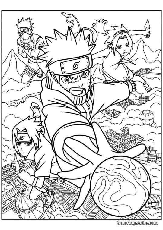 Naruto, Sasuke, Sakura et Kakashi en Bataille - Page de Coloriage