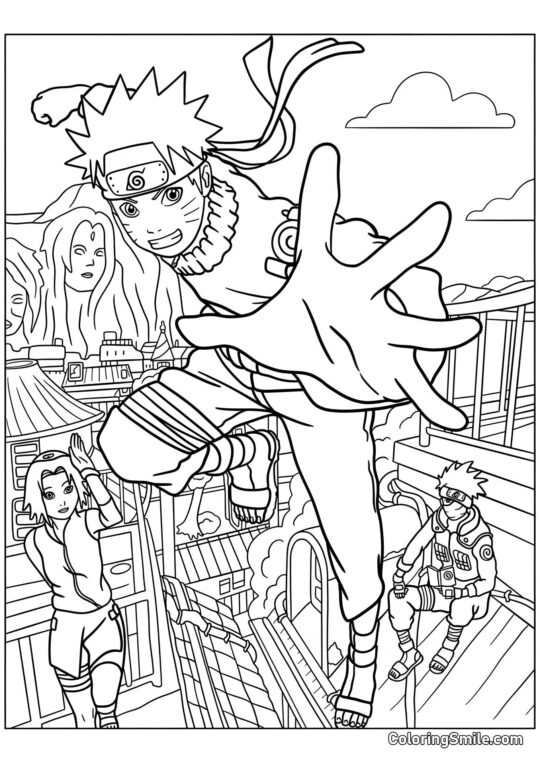 Adolescent Naruto avec Sakura et Kakashi à Konoha - Page de Coloriage