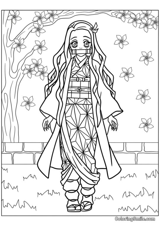 Nezuko sous le cerisier en fleurs - Page de Coloriage
