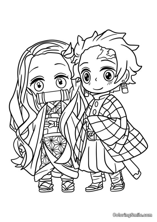Chibi Tanjiro et Nezuko - Page de Coloriage