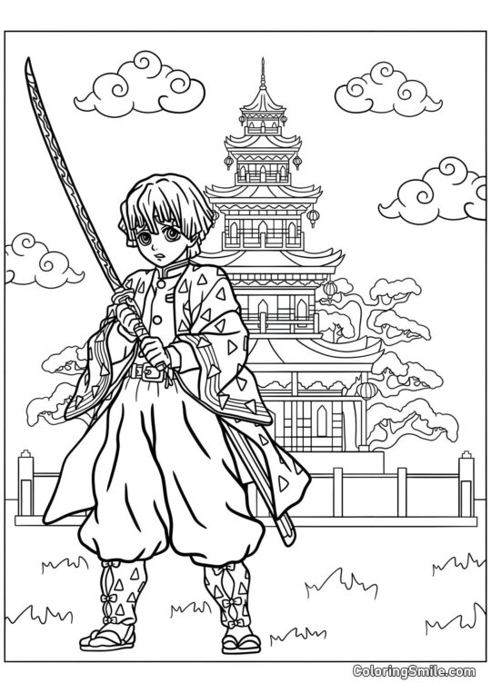 Zenitsu Agatsuma près de la pagode - Page de Coloriage
