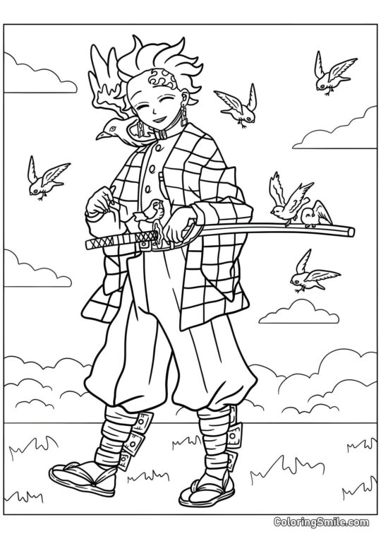 Tanjiro avec des oiseaux - Page de Coloriage