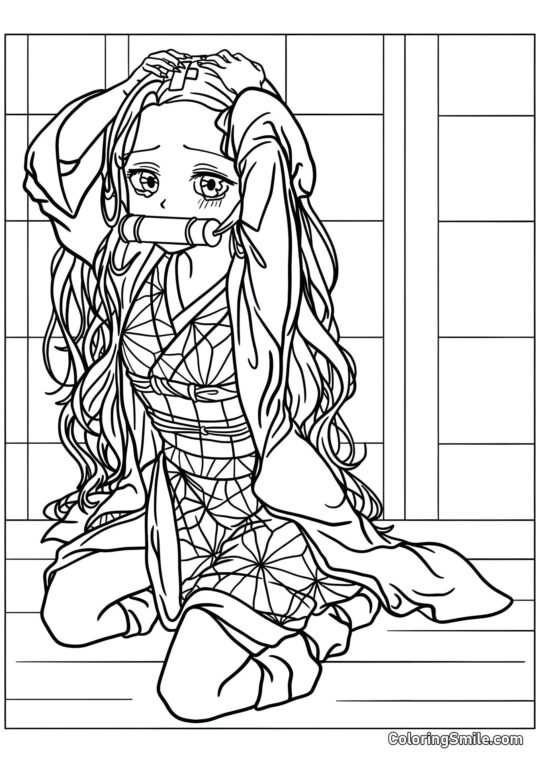 Nezuko Kamado avec un bâillon en bambou - Page de Coloriage