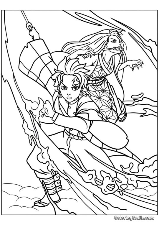 Tanjiro et Nezuko se battent - Page de Coloriage