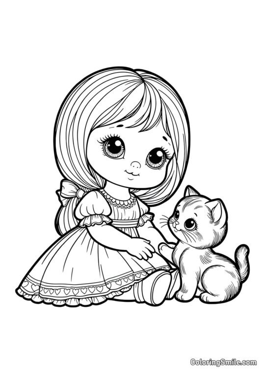 Poupée avec un chaton Poupée avec un chaton - Page de Coloriage
