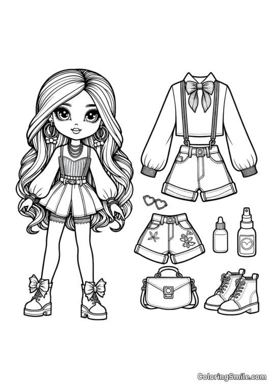 Poupée avec des accessoires Poupée avec des accessoires - Page de Coloriage