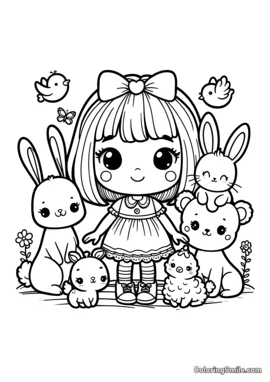 Poupée avec des animaux mignons Poupée avec des animaux mignons - Page de Coloriage