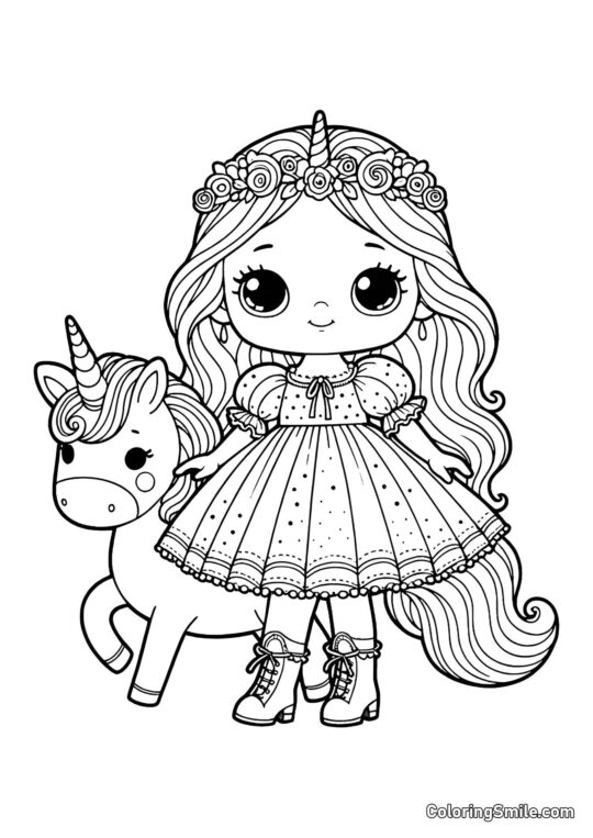 Poupée avec un animal de compagnie licorne Poupée avec un animal de compagnie licorne - Page de Coloriage