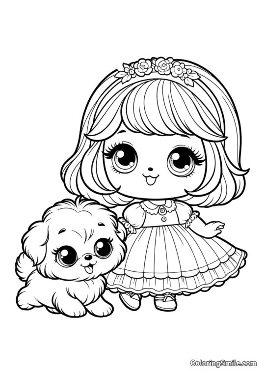 Poupée avec un chiot Poupée avec un chiot - Page de Coloriage
