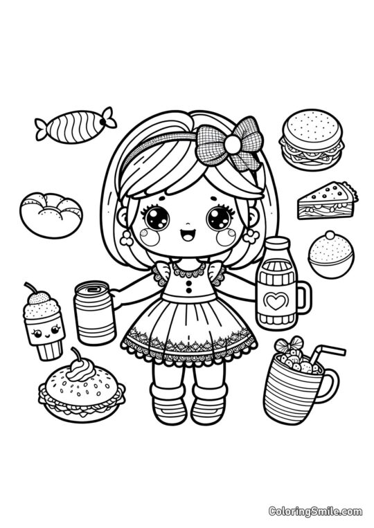 Poupée avec de la nourriture Poupée avec de la nourriture - Page de Coloriage