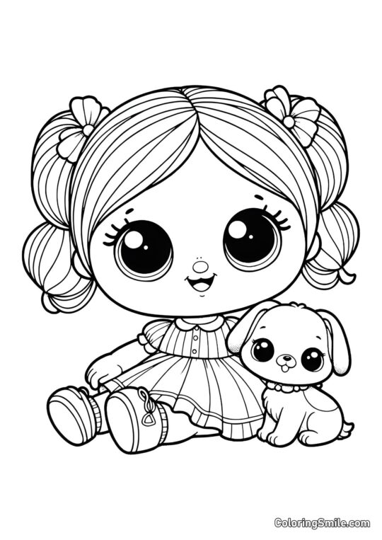 Bébé poupée avec un chiot Bébé poupée avec un chiot - Page de Coloriage