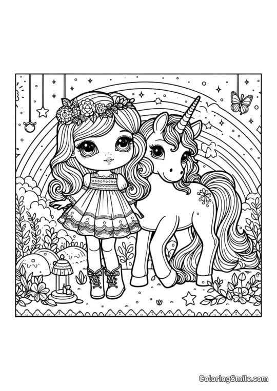 Poupée avec une licorne Poupée avec une licorne - Page de Coloriage