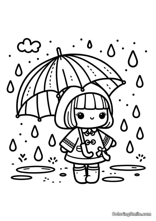 Poupée avec parapluie sous la pluie Poupée avec parapluie sous la pluie - Page de Coloriage