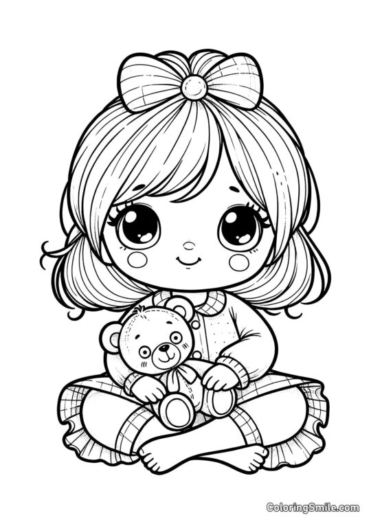 Poupée avec un ours en peluche Poupée avec un ours en peluche - Page de Coloriage