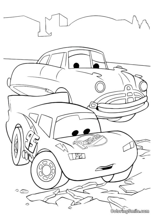 McQueen et Doc Hudson près d&rsquo;une route cassée - Page de Coloriage