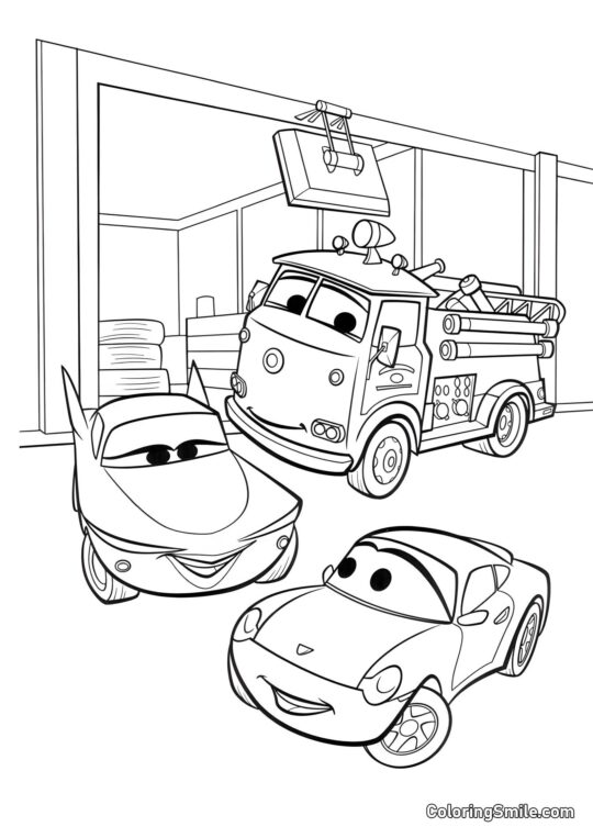 McQueen, Flo et Tuyau - Page de Coloriage
