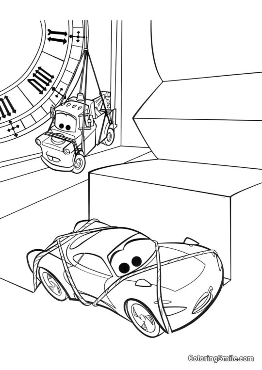 McQueen et Mater attachés dans la chapelle - Page de Coloriage
