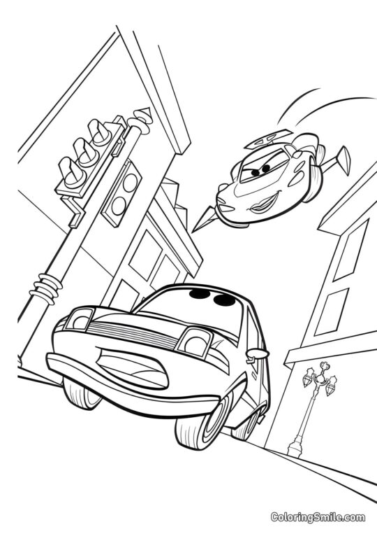 Voiture volante dans le ciel - Page de Coloriage