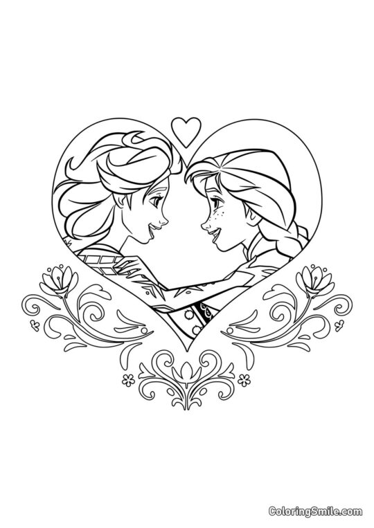 Anna et Elsa dans un cœur - Page de Coloriage