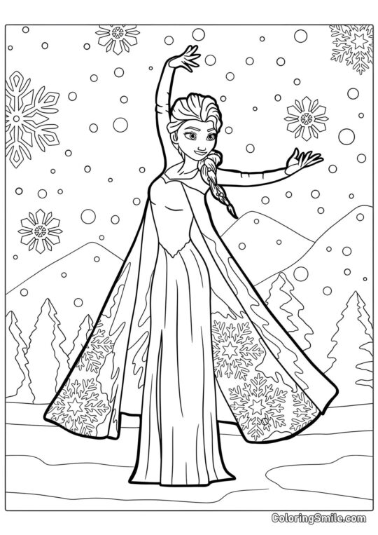 Elsa dans les montagnes enneigées - Page de Coloriage