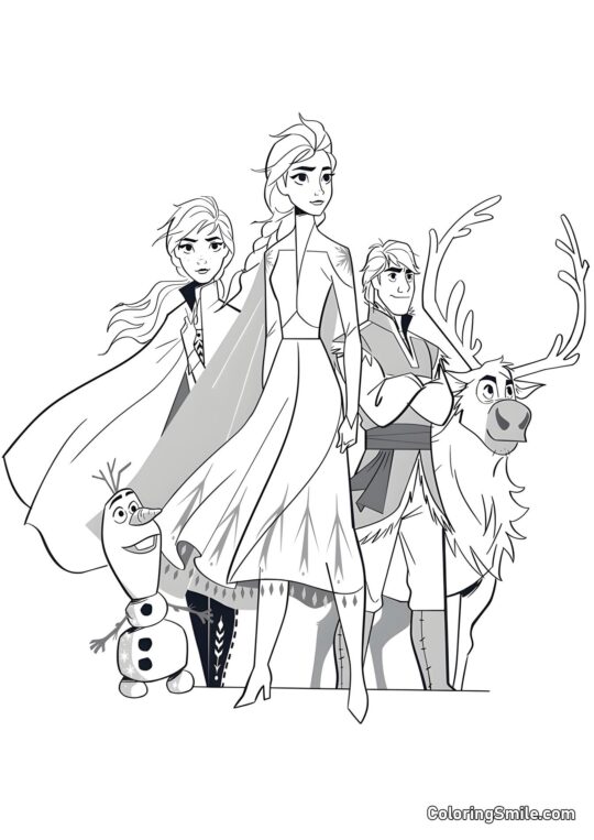 Elsa, Anna, Kristoff, Sven et Olaf - Page de Coloriage