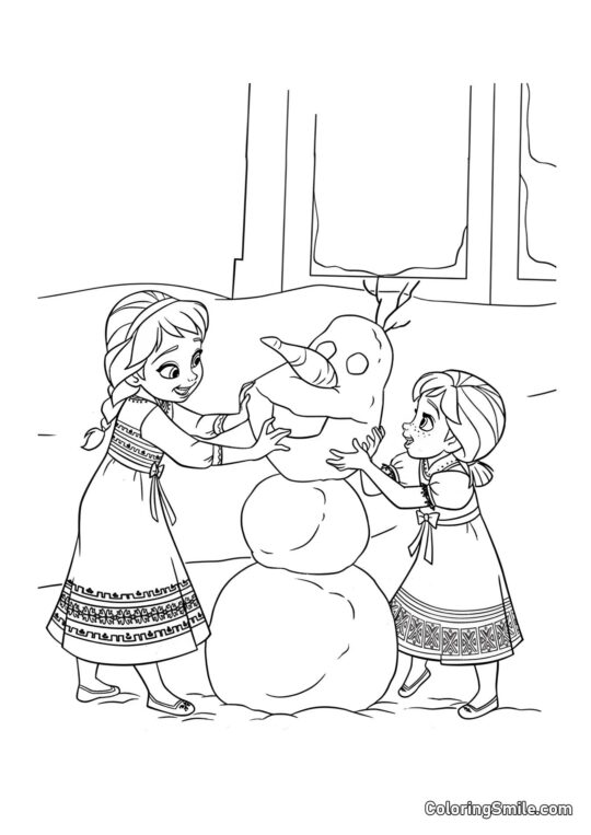 Anna et Elsa faisant un bonhomme de neige - Page de Coloriage