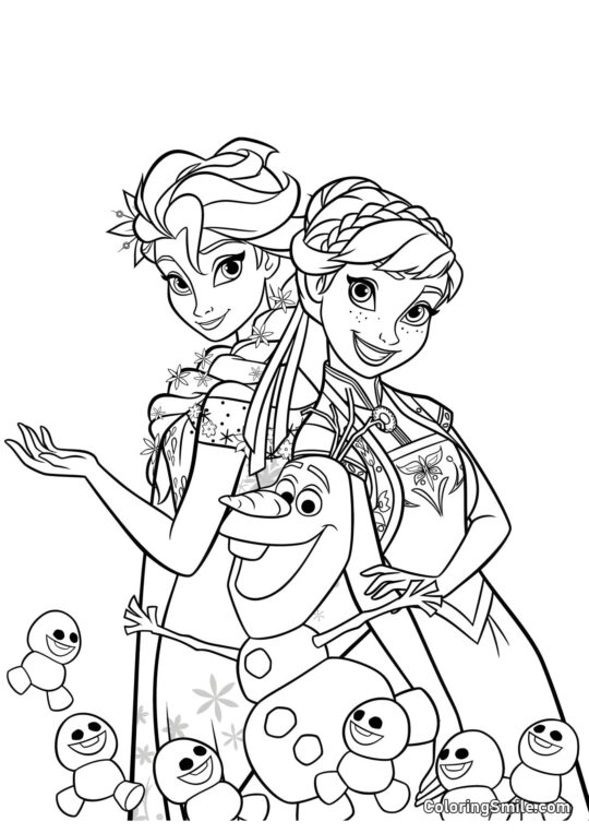 Elsa, Anna, Olaf et bonhommes de neige - Page de Coloriage