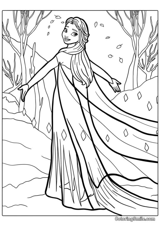 Elsa dans une longue robe - Page de Coloriage
