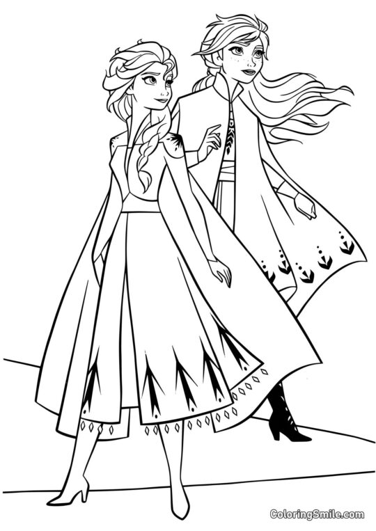Anna et Elsa en route vers la Forêt Enchantée - Page de Coloriage