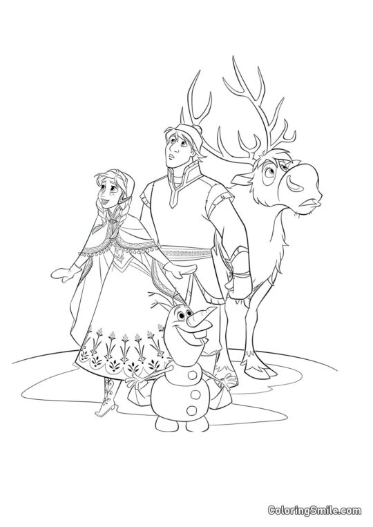 Anna, Kristoff et Sven, Olaf - Page de Coloriage