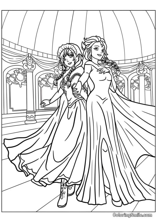 Anna et Elsa au bal - Page de Coloriage