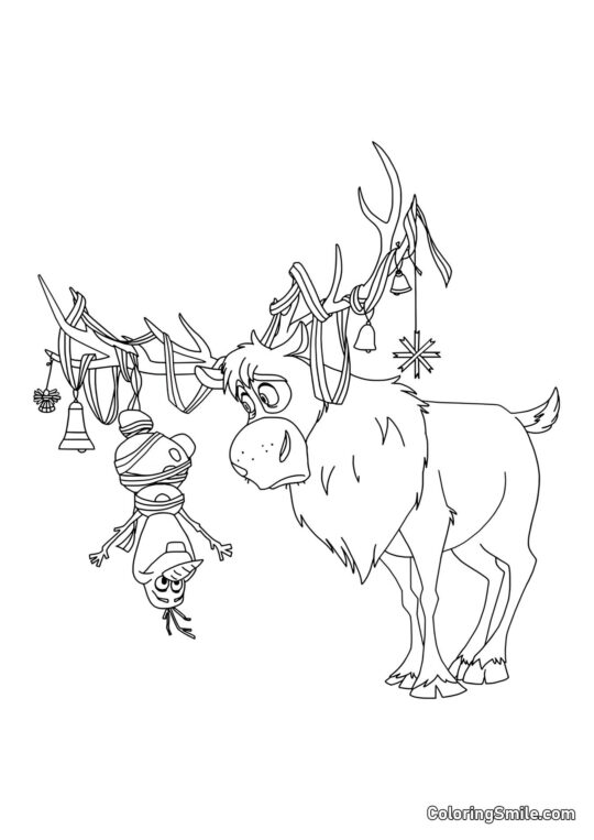 Olaf accroché aux cornes de Sven - Page de Coloriage