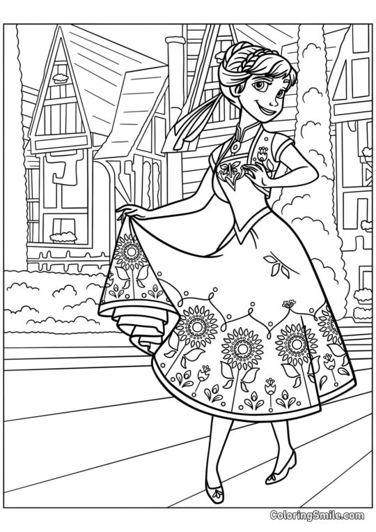 Anna en robe d&rsquo;été en ville - Page de Coloriage
