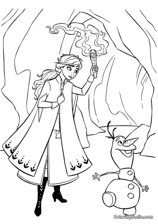 Anna et Olaf dans une grotte - Page de Coloriage