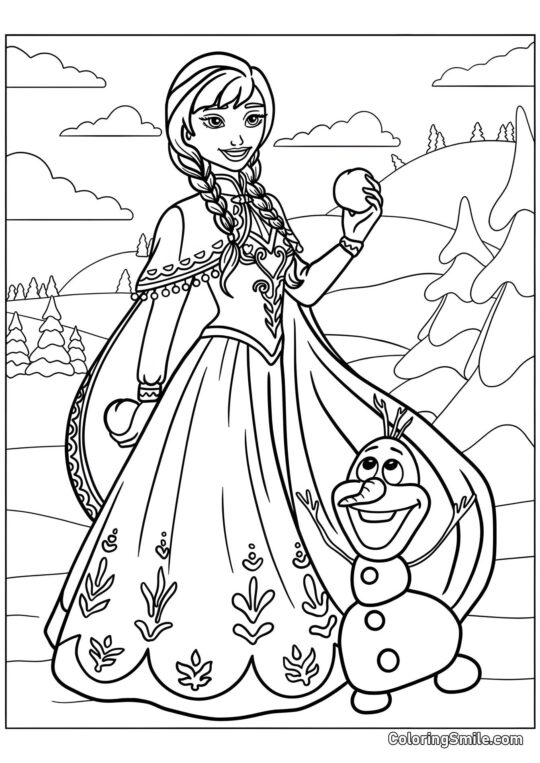 Anna de Frozen Heart avec une boule de neige et Olaf - Page de Coloriage